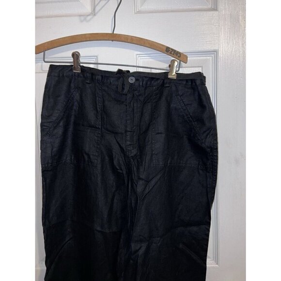 LINDEN HILL Womens Black Drawstring Pocket Crop Summer 100% Linen Pants Sz 16 - Picture 3 of 12